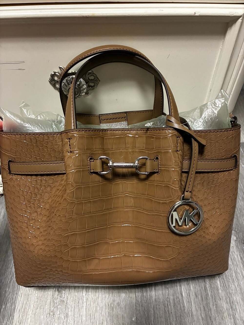 Michael Kors Carson Medium Croc-Embossed Satchel in Driftwood